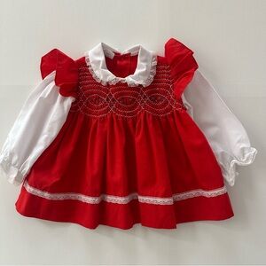 Vintage 6-9 Months Baby Girl Smocked Lace Red White Dress